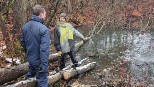 Mændene gik over til det fælles projekt med teamqork for at prøve at få træstammerne i søren op